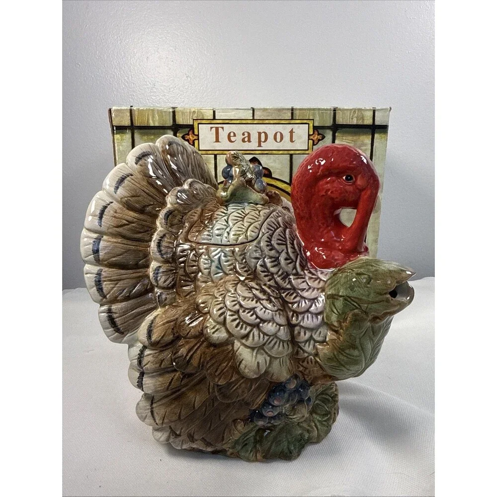 Vintage Ceramic Turkey Teapot Fall Foliage Thanksgiving  8” Pitcher Cottagecore